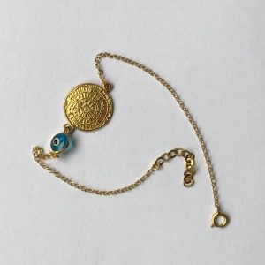 Silver Gold Plated Phostos Large Disc with Light Blue Evil Eye