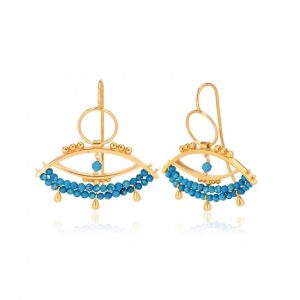 Gold Evil Eye Earrings with Blue Bead Detail.
