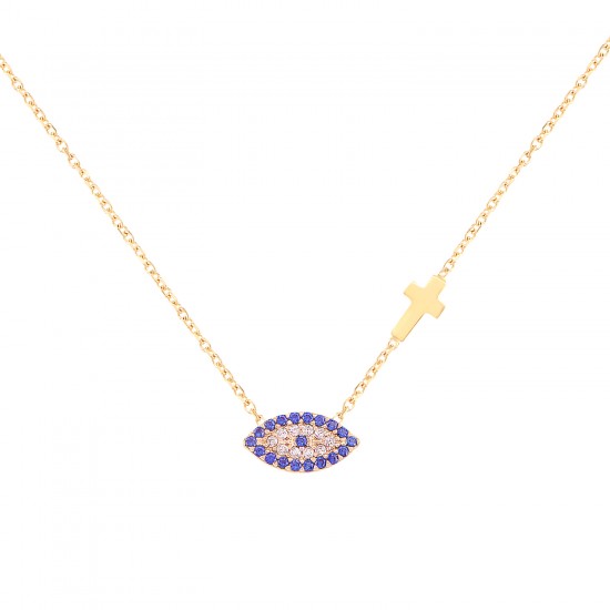 EVIL EYE AND CROSS NECKLACE GOLD PLATED