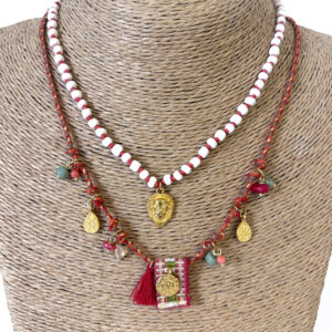 RED THREAD NECKLACE WITH RIBBON AND ASSORTED CHARMS