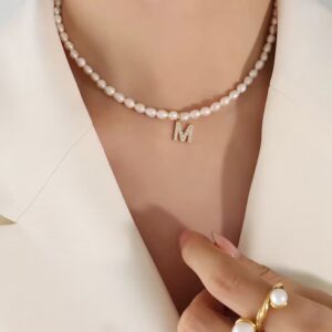 PEARL &  STAINLESS STEEL LETTER CHARM NECKLACE