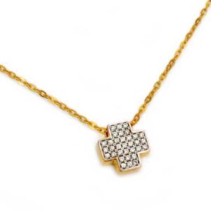 STERLING SILVER CHAIN NECKLACE WITH A SQUARE CROSS EMBELLISHED WITH STONES.