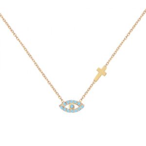 TURQUOISE EVIL EYE AND CROSS NECKLACE GOLD