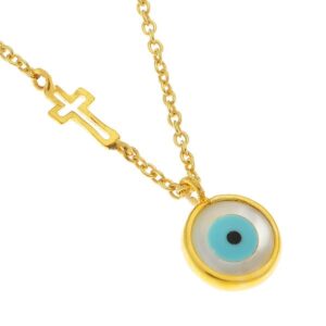 STERLING SILVER CHAIN NECKLACE WITH COLORED EYE-STONE AND A LONG CROSS