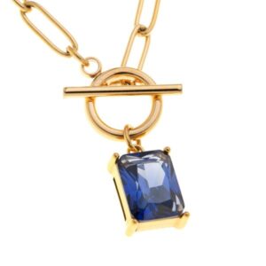 Stainless steel paperclip chain necklace with dark blue crystal stone and front toggle clasp.