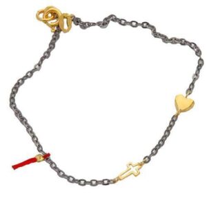 STERLING SILVER CHAIN BRACELET WITH A TINY CROSS AND A HEART.
