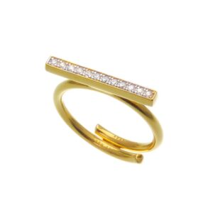 STERLING SILVER RING WITH A BAR ABOVE IT COVERED WITH STONES.