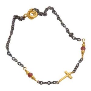 STERLING SILVER CHAIN BRACELET WITH A TINY CROSS AND 2 COLORED STONES